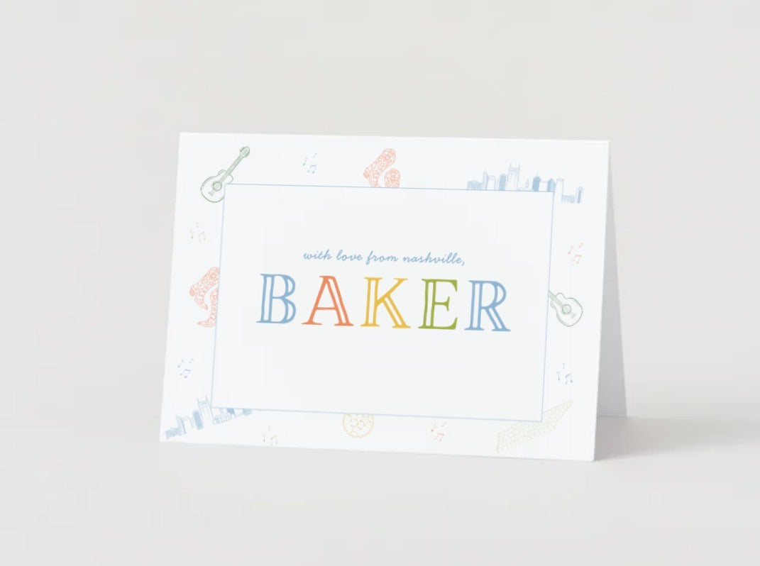 Greeting card with 'Baker' in colorful letters on a white background with Nashville themed illustrations 